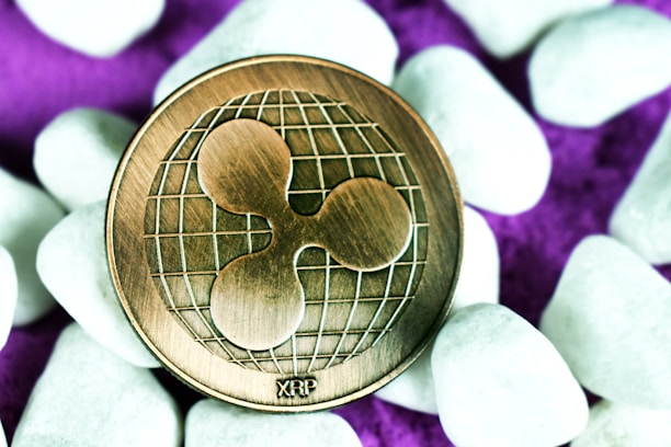 A bronze Ripple (XRP) coin with a world map design is surrounded by smooth white stones on a purple surface.