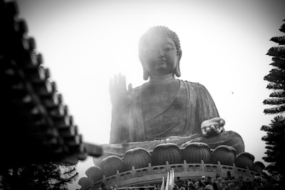 A large statue of Buddha sits peacefully amidst a misty atmosphere. The statue displays a serene expression and a raised hand in a gesture of peace. Surrounding the statue are detailed architectural elements and sculpted lotus flowers, with hints of a traditional Asian roof's silhouette in the foreground. Tall pine trees frame the right side of the image, while a small bird is seen flying nearby.
