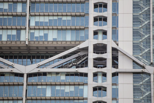Contemporary commercial building facade with glass and steel elements.