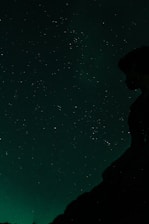 A serene night sky filled with stars and a silhouette of a person gazing upwards.