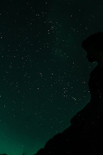 A silhouette of a person gazing upwards against a starry night sky. The stars are scattered across the dark sky, and the person's outline is subtly visible on the right side.