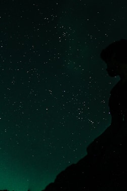 A serene night sky filled with constellations forming a subtle silhouette of a person reaching upward.