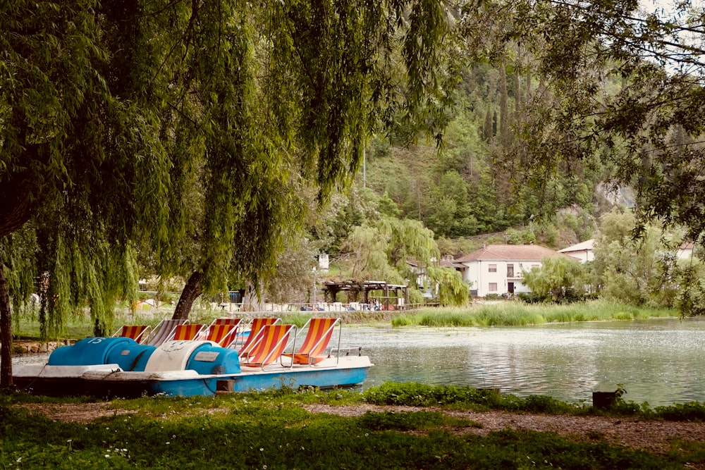 blue and white pedal boats