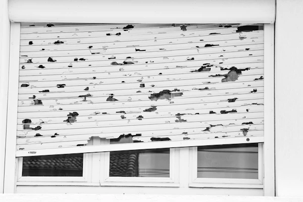 Hail damage — window blinds shredded by hailstorm