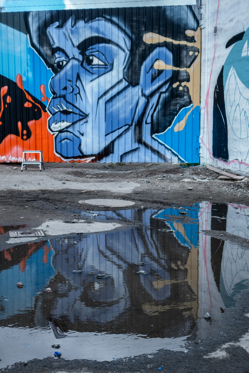 wall graffiti of person's face with blue skin
