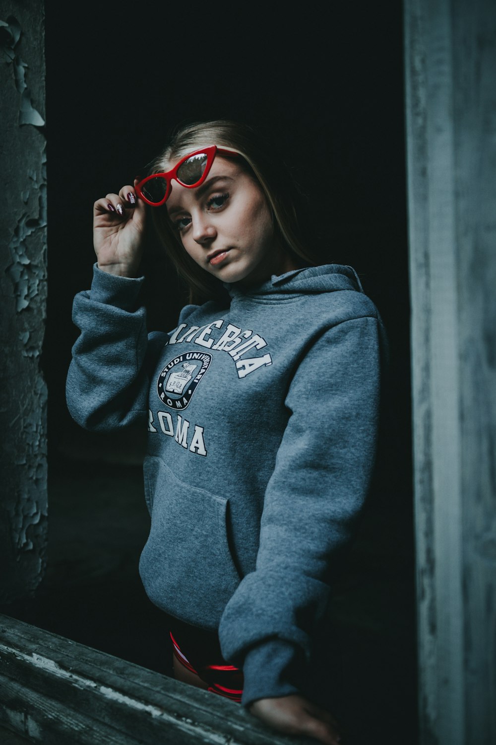 woman in blue hoodie