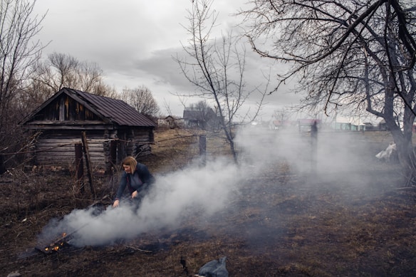 A solitary person is tending to a small fire surrounded by smoke in a rural setting. The scene includes a rustic wooden cabin, leafless trees, and a cloudy sky, imparting a desolate mood.