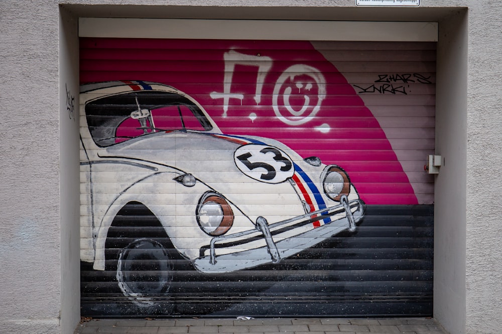 white and pink metal garage door