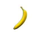 A single ripe banana with a vibrant yellow peel, slightly curved and set against a plain white background.