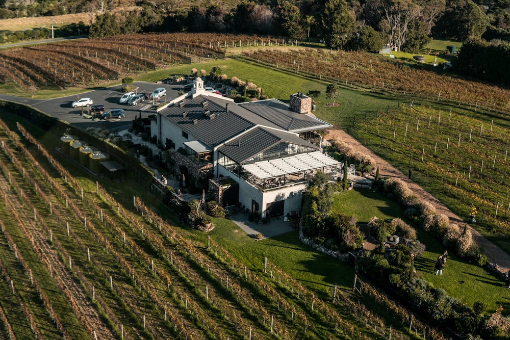 white and gray farm house surrounded by farms