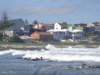 Several houses are perched on a grassy hill overlooking a rocky coastline. The ocean waves crash against the shore, creating white foam. The architecture of the houses varies, with a mix of modern and traditional styles. In the background, tree-covered hills are visible under a partly cloudy sky.