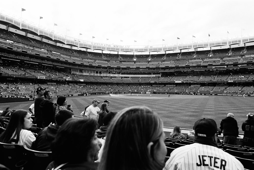 grayscale photography of baseball field