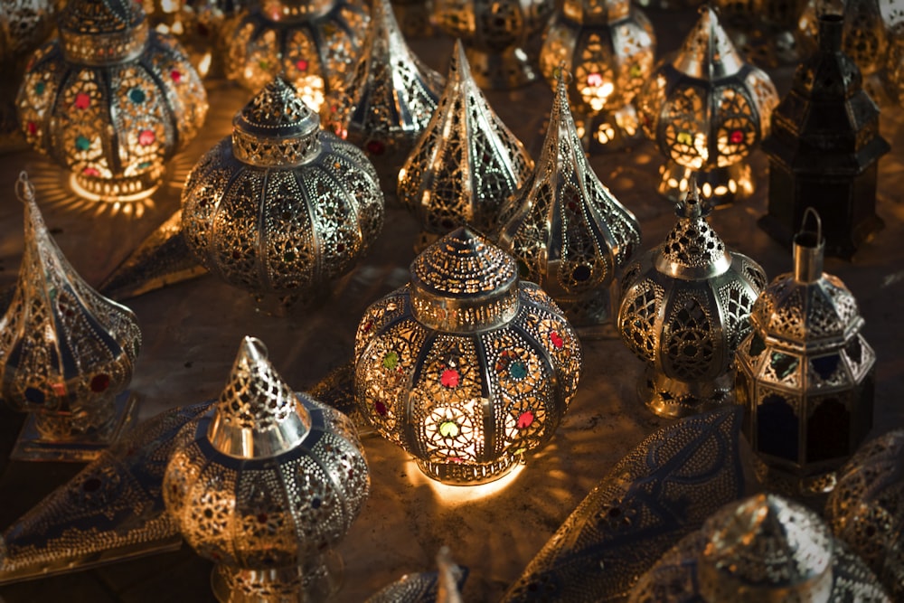 gray metal lanterns