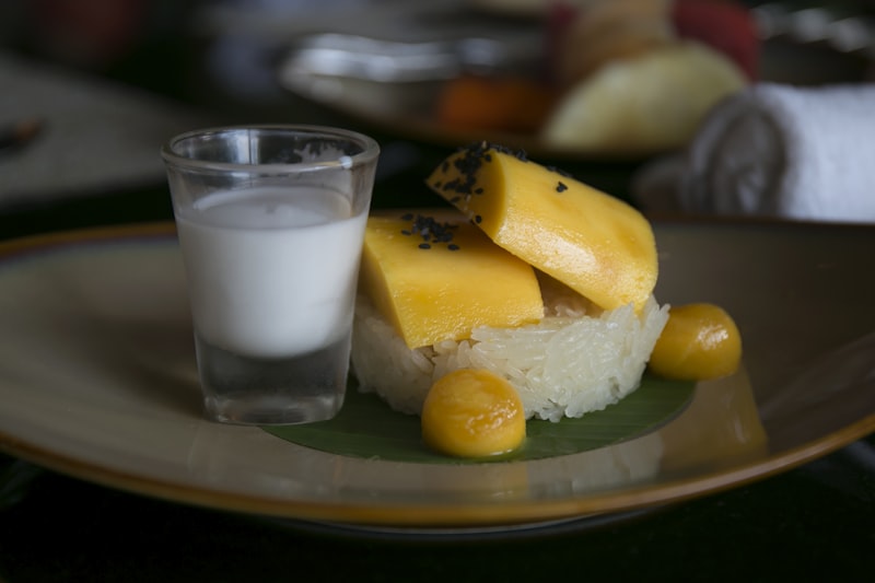 Mango sticky rice with coconut cream shot