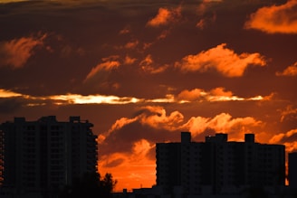 High-rise buildings against a sunset skyline.