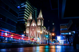Mosaic-style photo showing vibrant urban church gatherings under neon city lights.