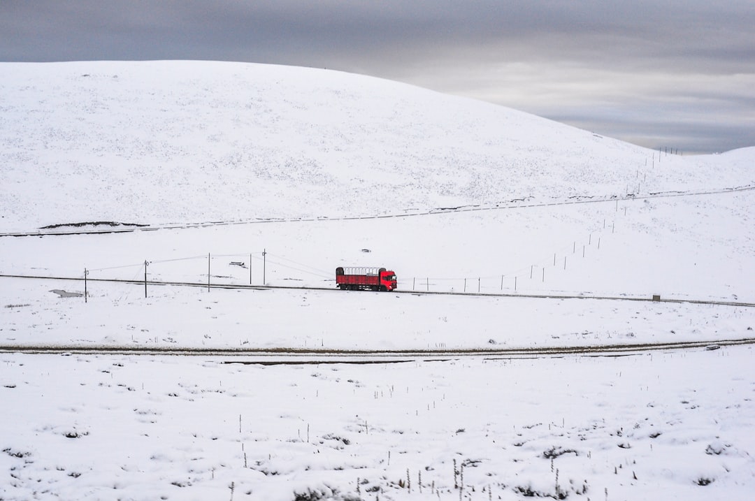 red truck passing zig-zag road surrounded with snow