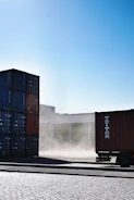 blue and red shipping containers