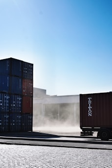 blue and red shipping containers
