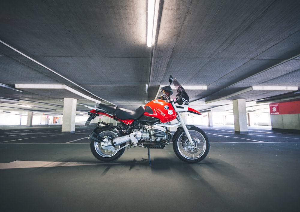 red dual-sport motorcycle