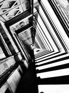 Black and white image emphasizing the contrast and shadows of architectural columns