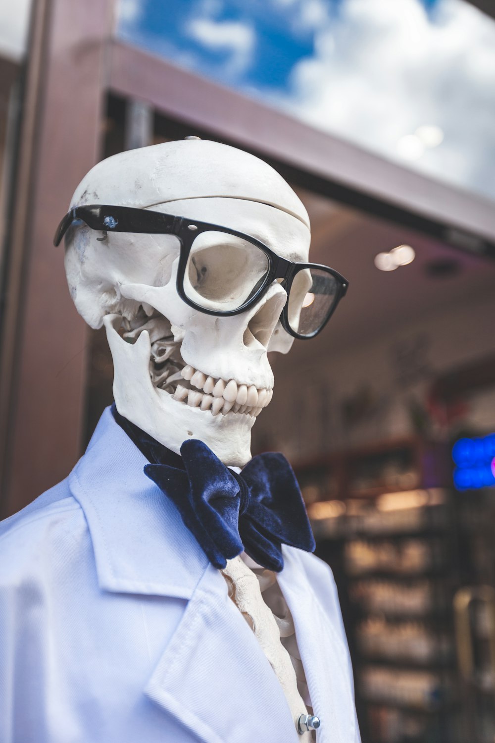 scheletro che indossa occhiali da vista e top con colletto blu