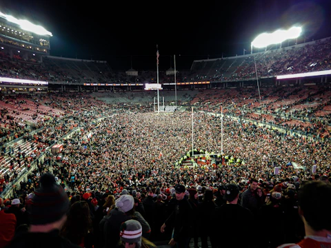 A vibrant crowd cheering at a national sports event under bright stadium lights.