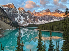 trees near a mountain beside body of water during golden hour