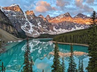 trees near a mountain beside body of water during golden hour