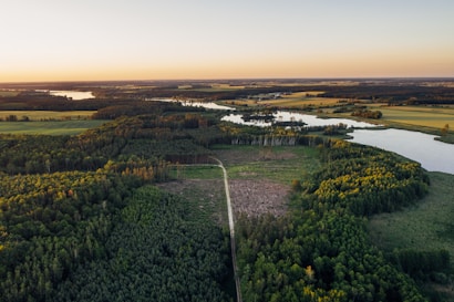 A scenic aerial landscape shows a mixture of dense forests and open fields with a winding river running through the middle. The horizon is visible in the background, with the warm glow of sunset creating a serene and tranquil atmosphere.