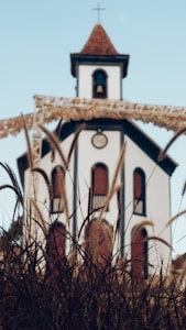 A white church with red doors and a bell tower partially obscured by tall grass, set against a clear blue sky.