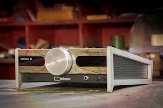 A sleek, high-end audio amplifier with a stylish wooden front panel and a large metallic control knob. The brand name 'Erzetich' and model 'Deimos' are visible. The background suggests a workshop or studio with shelves and various blurred objects.