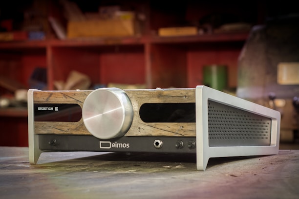 A sleek, high-end audio amplifier with a stylish wooden front panel and a large metallic control knob. The brand name 'Erzetich' and model 'Deimos' are visible. The background suggests a workshop or studio with shelves and various blurred objects.