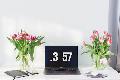 A sleek minimalist desk setup with a slim laptop, a simple white notebook, and a small potted plant, bathed in soft natural light.
