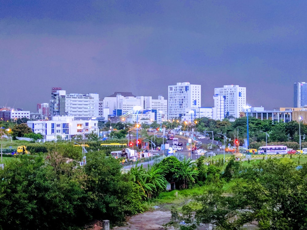 white-and-blue buildings near green trees