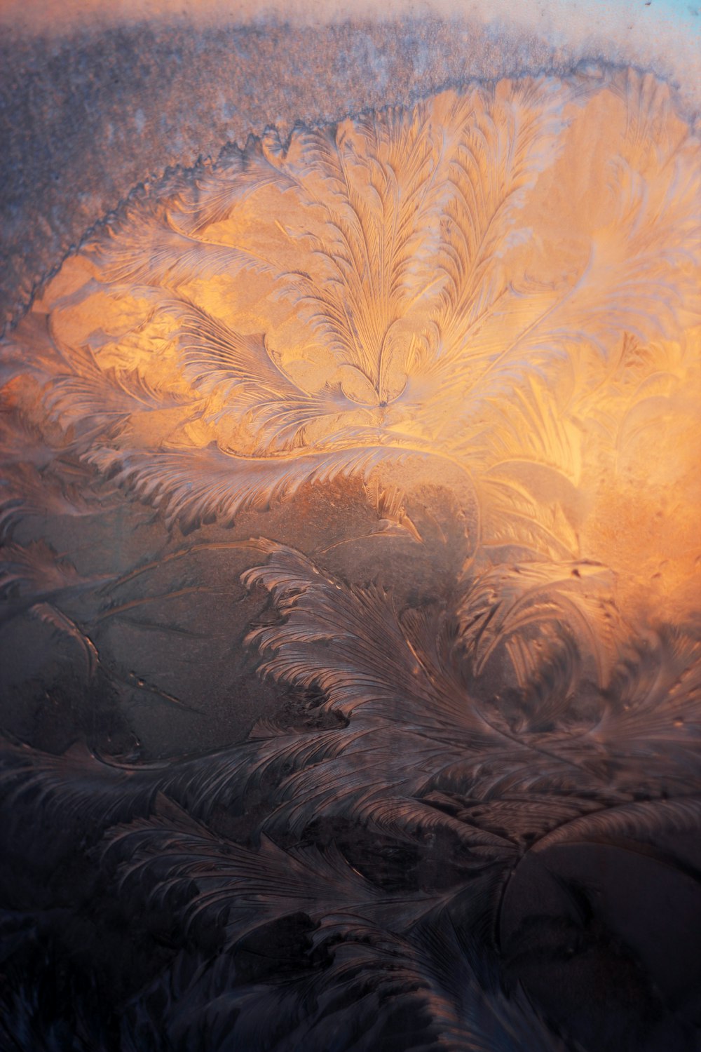 a close up of a frosted window with a sky in the background