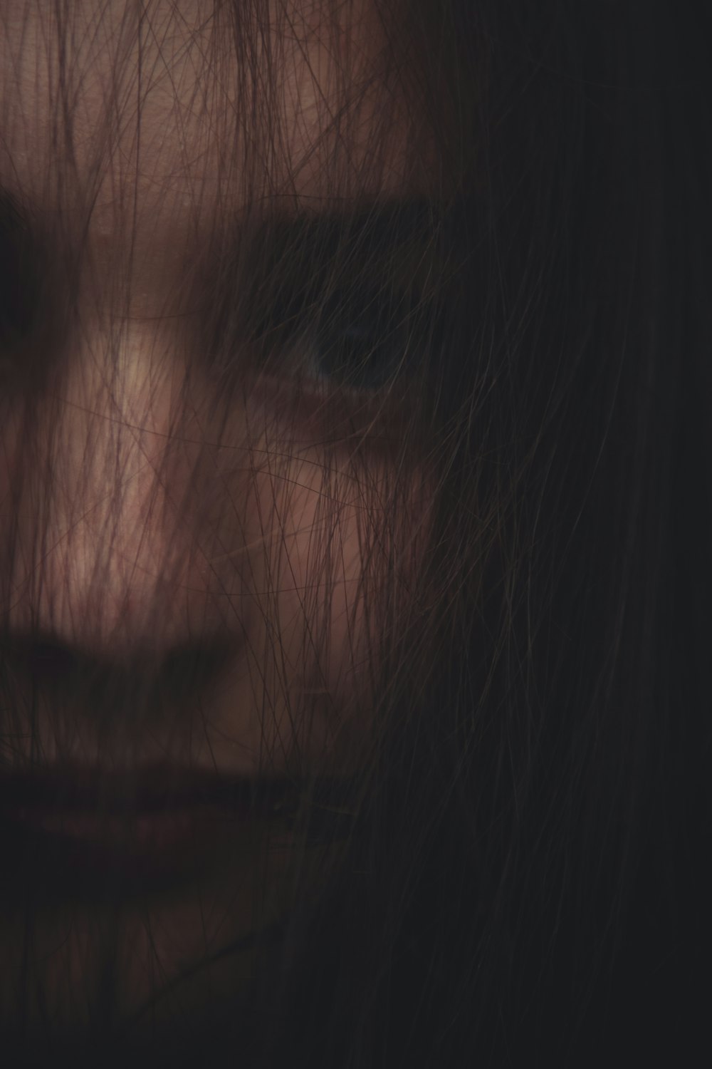 a close up of a person's face with long hair