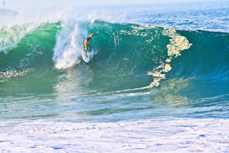 A surfer skillfully rides a large, curling ocean wave. The wave appears powerful and dynamic with shades of blue and green, and white foam is visible at the crest and base. The surfer is positioned near the center, maintaining balance with one arm extended outward.