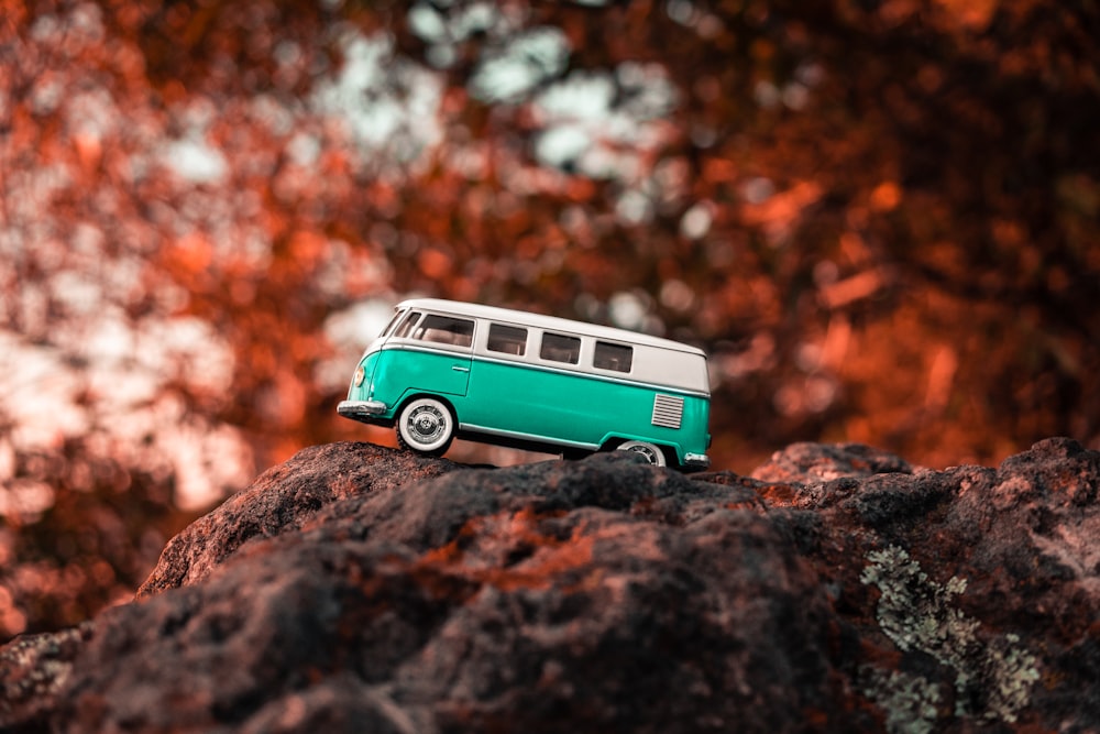 teal and white Volkswagen T2 die-cat model onrock