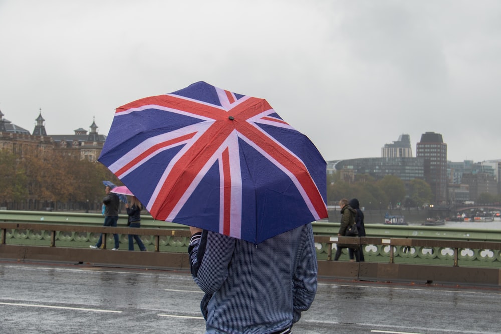 person holding blue, white, and red umbrella