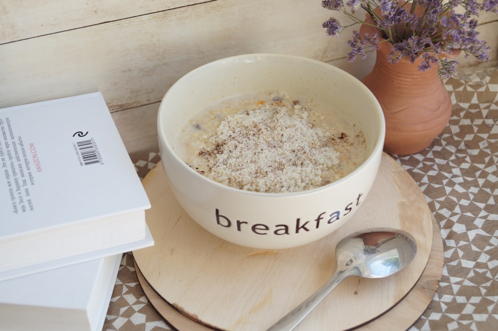 round white ceramic bowl with breakfast print