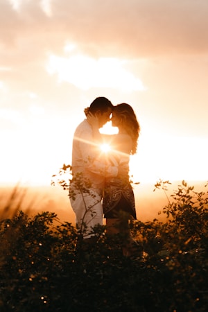 A couple is silhouetted against a vibrant sunset, creating a romantic and intimate scene. The sun is setting on the horizon, casting a warm, golden glow over the landscape. The couple stands among some foliage, enhancing the natural and serene atmosphere.