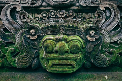 An ornate stone carving depicts a mythological face adorned with intricate floral and leaf motifs. The carving is covered in green moss, adding an ancient and mysterious feel.