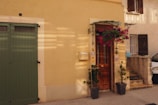 A charming facade of a house with a light yellow wall. A wooden door with intricate ironwork is surrounded by potted plants and a hanging flower basket bursting with pink and purple blooms. To the left is a green garage door, and a mailbox is attached to the wall beside the entrance. Sunlight casts soft shadows across the scene.