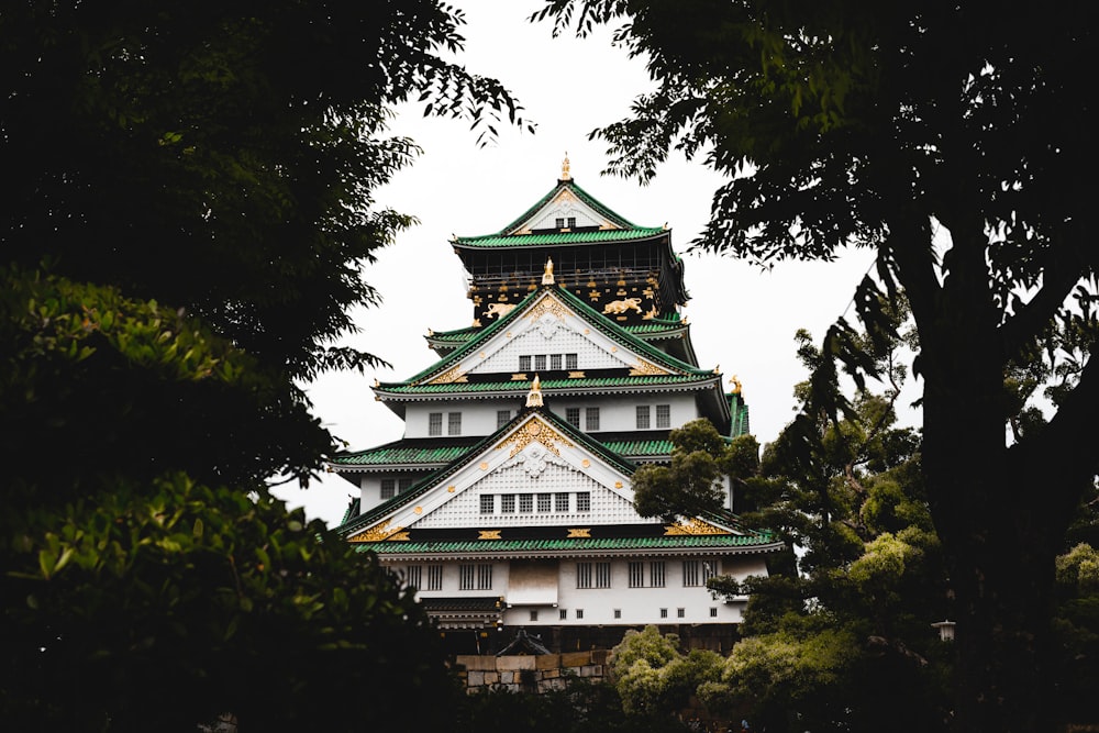white, green, and gold pagoda building surrounded by green trees