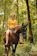 A joyful rider galloping through a sunlit forest trail on horseback.