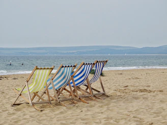 lined four chairs in front of beach