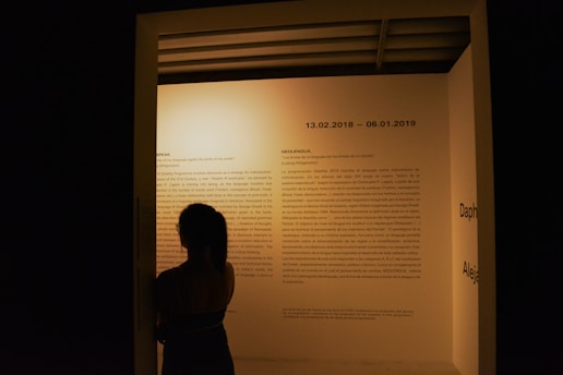 A person stands in front of an illuminated display that features text on a wall. The environment is dimly lit, creating a contrast between the dark silhouette of the observer and the bright text area. The display includes dates and sections of detailed writing, indicating an exhibition or informational piece.