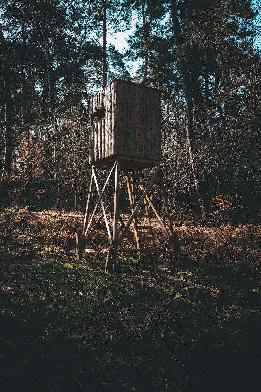 brown wooden shade with ladder on grass