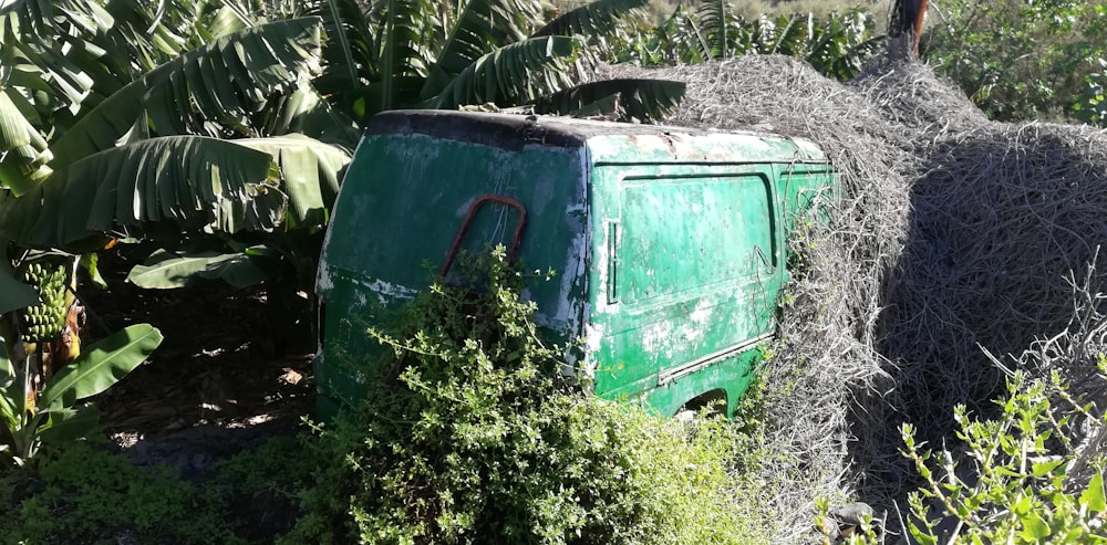green van covered in hay